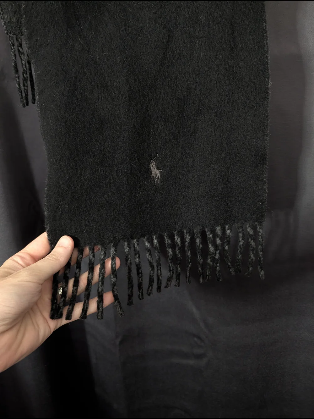 Polo Ralph Lauren Vintage Made In Italy Black/Gray Lambswool Fleece Fringe Scarf